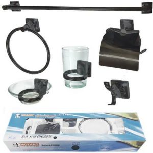SET BAÑO NIZA 6 PIEZAS NEGRO ZINC/ACERO INOX.